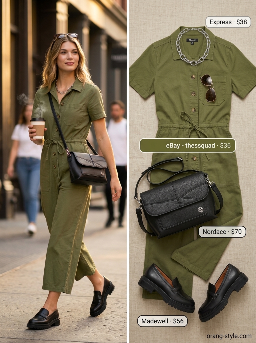 Hot summer cotton outfits for women 2026: Olive green utility jumpsuit, black loafers, crossbody bag for travel.