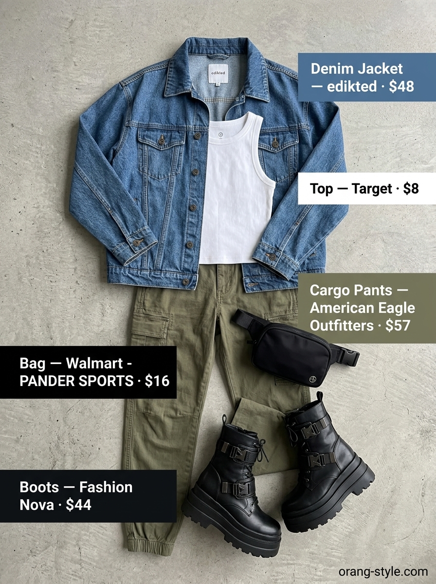 Khaki cargo pants, white tank, denim jacket. Hot summer cotton outfits for women 2026.