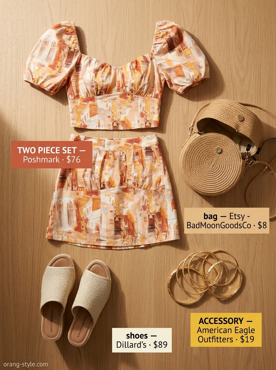 Coral abstract print cotton set with espadrilles. Hot summer cotton outfits for women 2026.