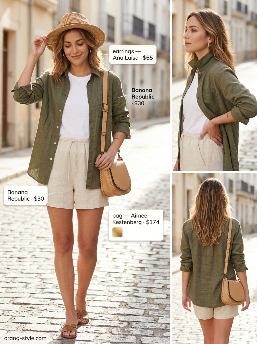 Beige linen shorts, cream tank, slides. Hot summer cotton outfits for women 2026.