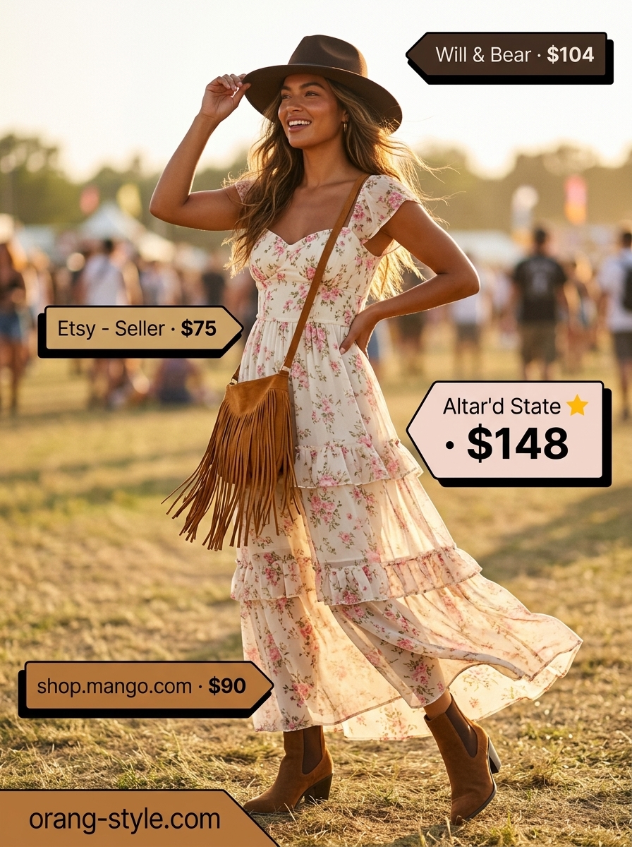 Multicolor floral maxi dress with suede boots and fringe bag. Hot summer cotton outfits for women 2026.