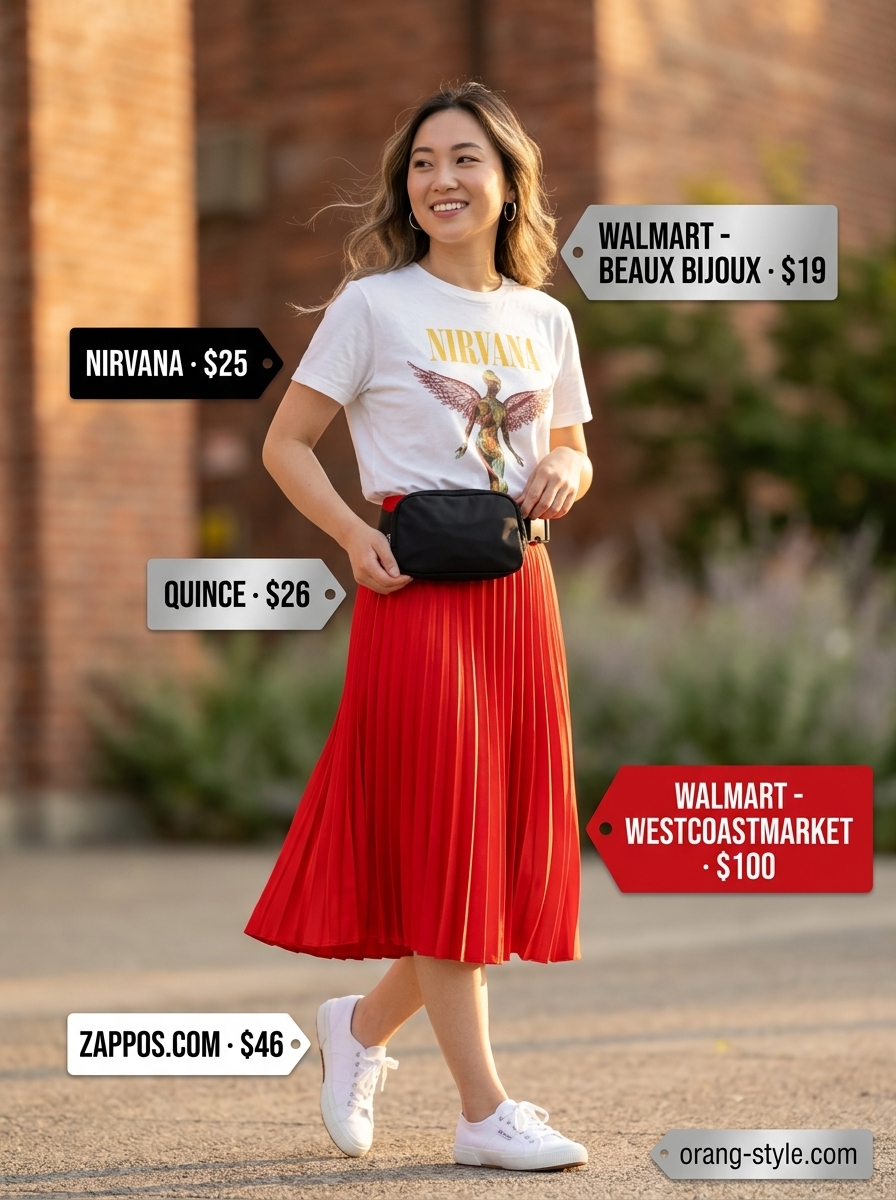 Red pleated midi skirt, graphic tee, sneakers. Hot summer cotton outfits for women 2026.