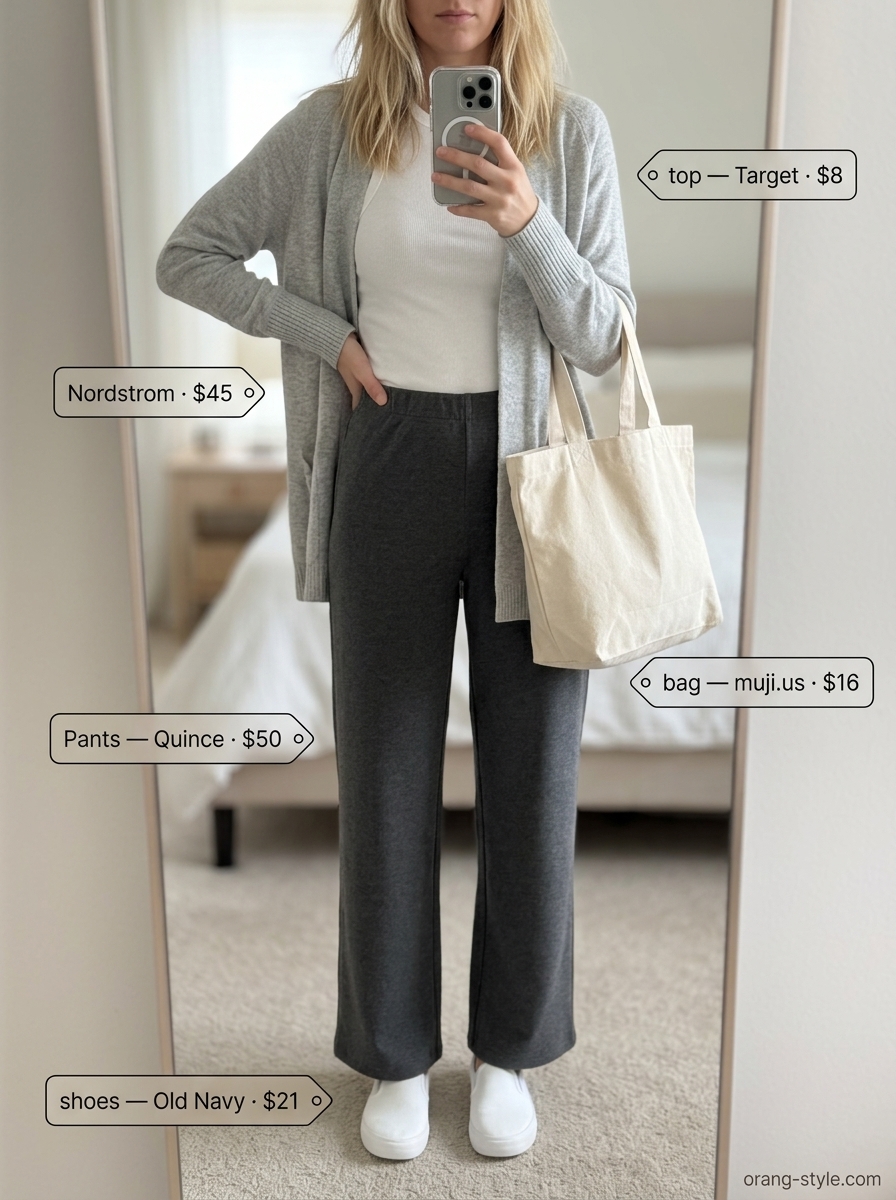 Charcoal wide-leg cotton pants, white knit tank, cardigan. Hot summer cotton outfits for women 2026.