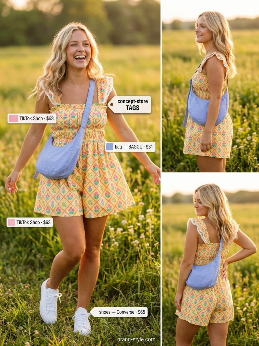 Hot weather summer outfits for women 2026: Yellow abstract print romper, white sneakers, and crossbody bag for a casual day out.