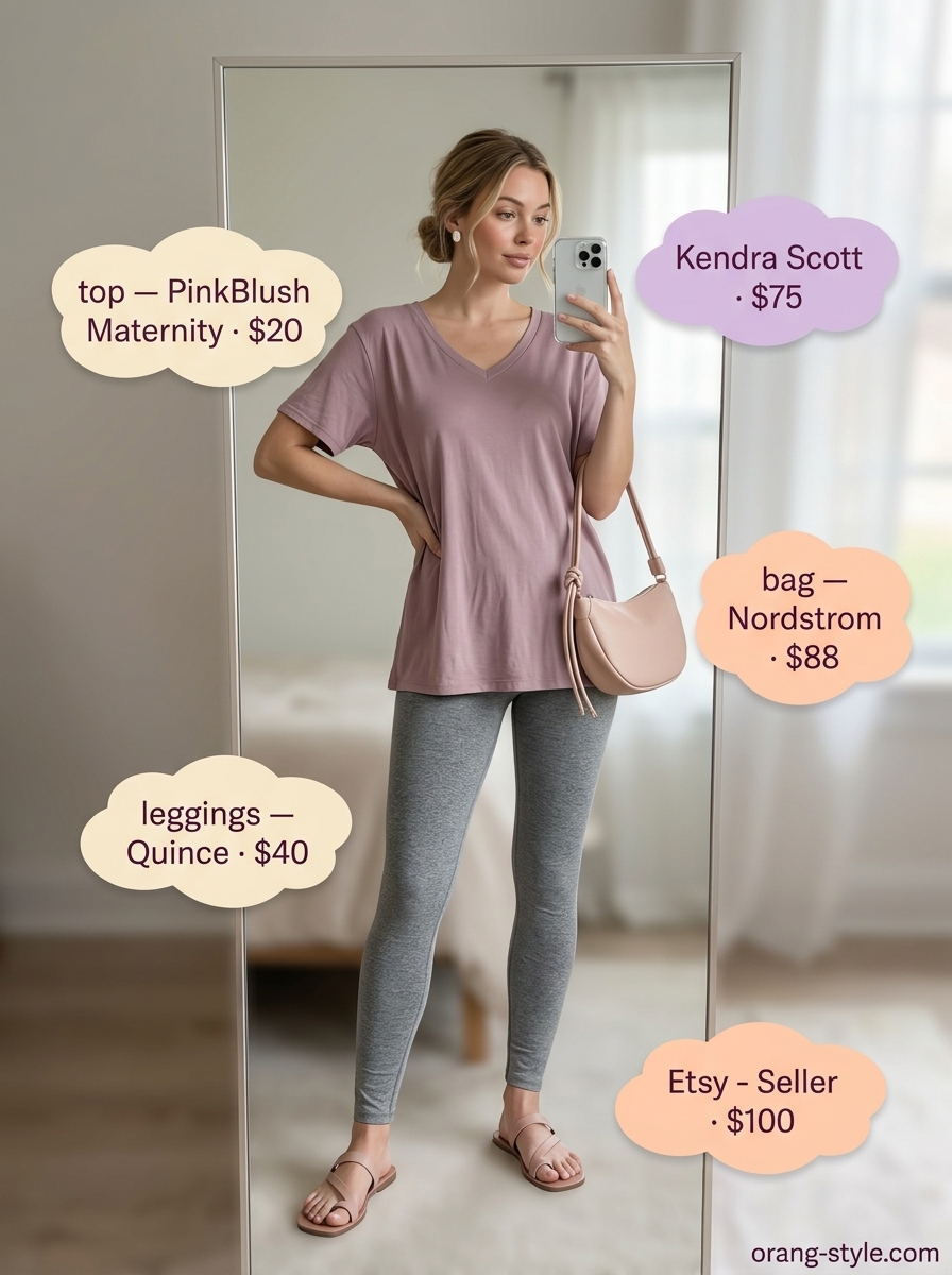 Legging with oversized tee outfits summer for women 2026: Blush tee, grey leggings, flat sandals, mini shoulder bag.