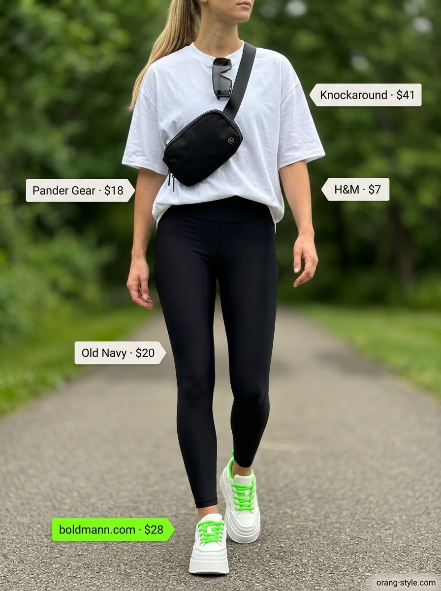 Legging with oversized tee outfits summer for women 2026: White tee, black leggings, fashion sneakers, belt bag.