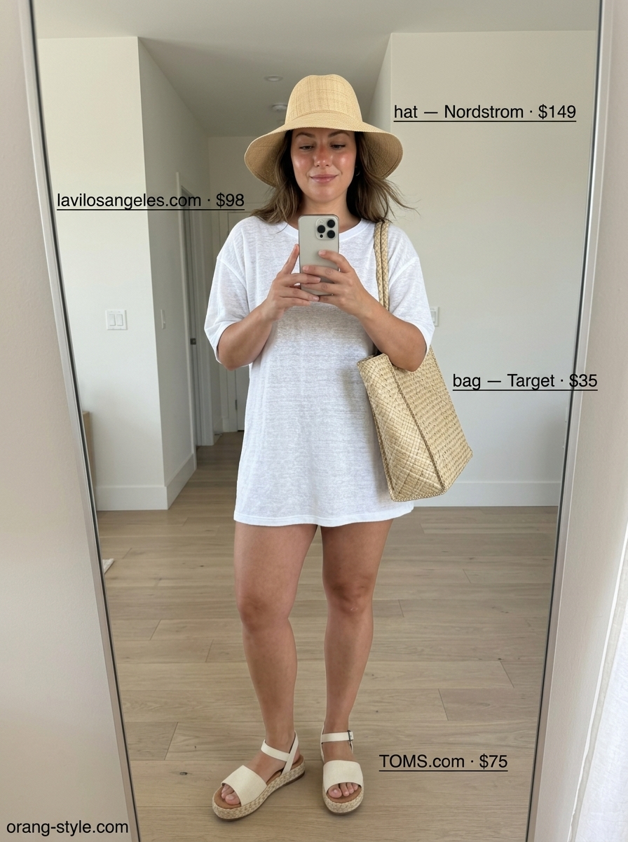 Legging with oversized tee outfits summer for women 2026: Sky blue linen tee, white leggings, espadrilles, straw hat.