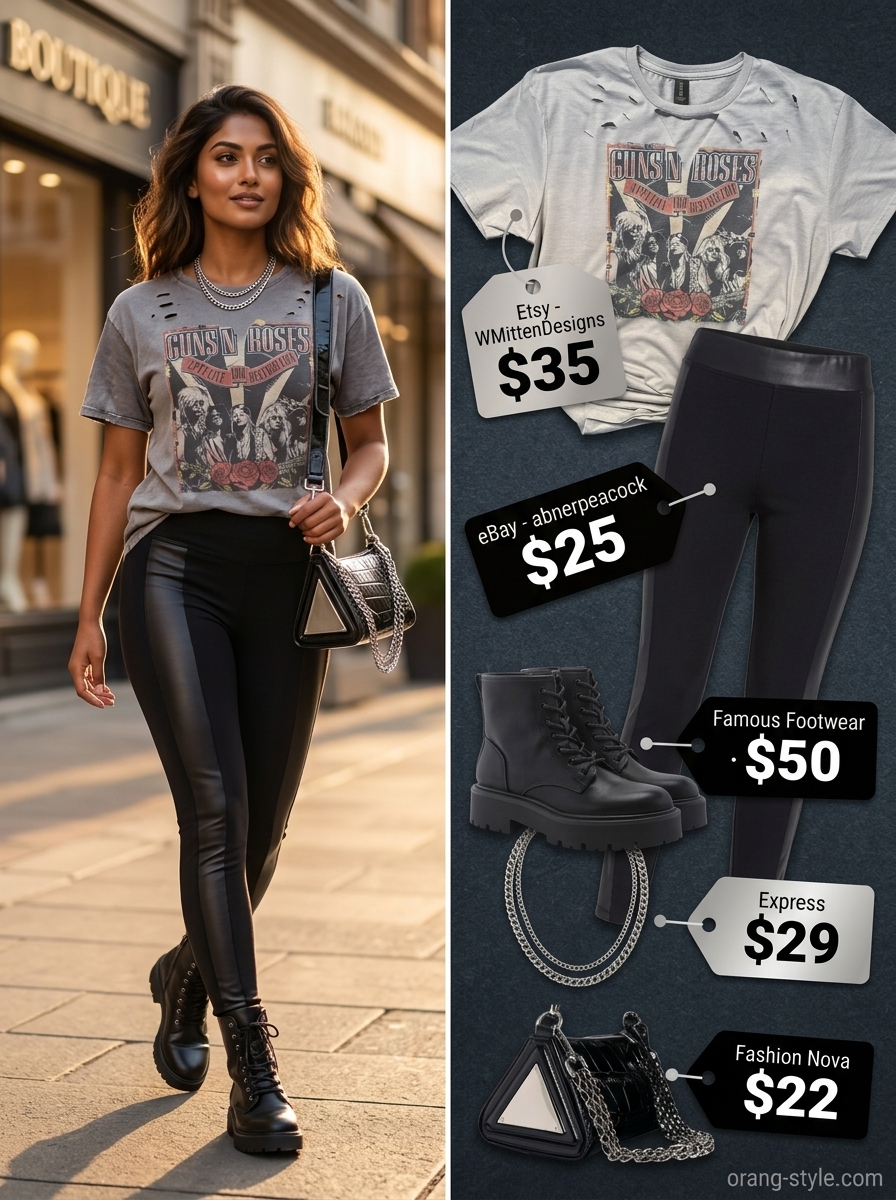Legging with oversized tee outfits summer for women 2026: Black faux leather leggings with band tee, combat boots, and mini bag.