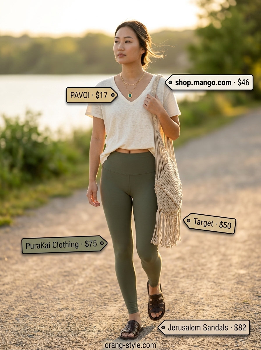 Legging with oversized tee outfits summer for women 2026: Olive green leggings with cream oversized tee and leather slides.