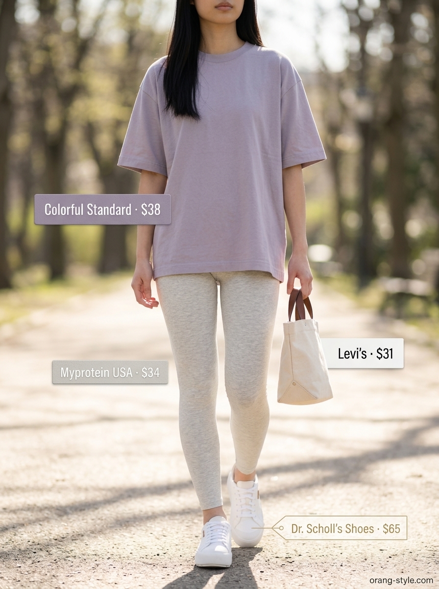 Legging with oversized tee outfits summer for women 2026: Light grey leggings with lavender oversized tee and white sneakers.