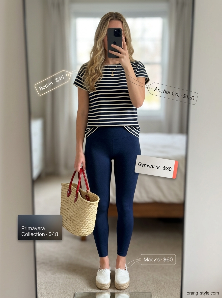 Legging with oversized tee outfits summer for women 2026: Navy leggings with striped oversized tee, espadrilles, and straw tote.