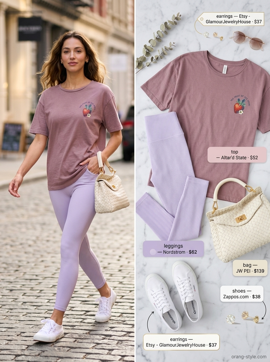 Legging with oversized tee outfits summer for women 2026: Lavender leggings with light pink oversized tee and canvas sneakers.