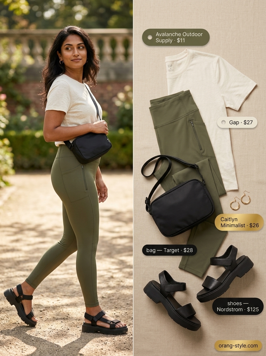 Legging with oversized tee outfits summer for women 2026: Olive cargo leggings, cream utility tee, platform sandals.