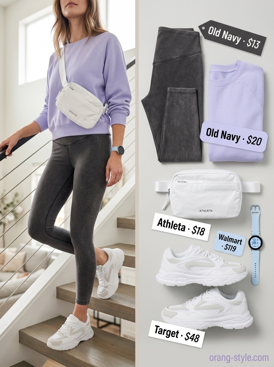 Legging with oversized tee outfits summer for women 2026: Sporty activewear with lavender sweatshirt and grey leggings.