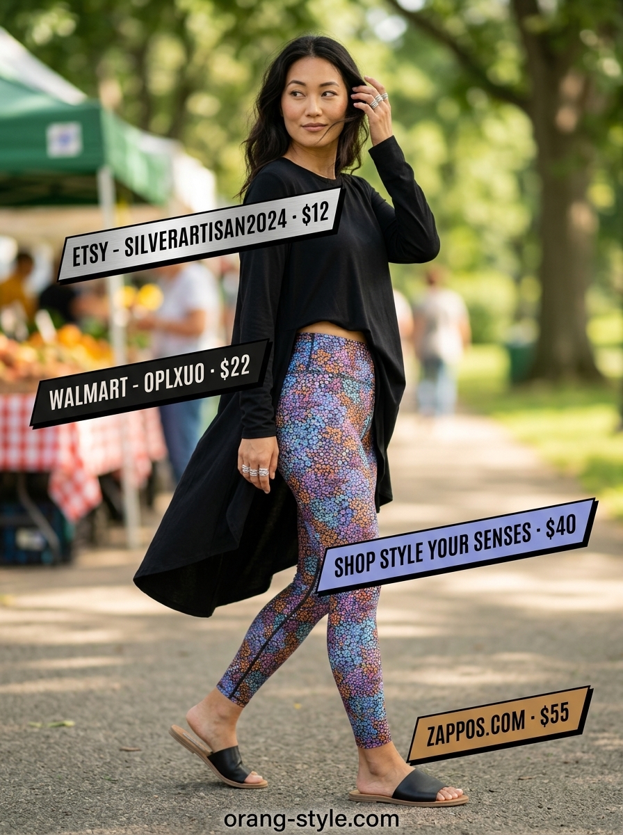 Legging with oversized tee outfits summer for women 2026: Artistic gallery look with abstract print leggings and black tunic.