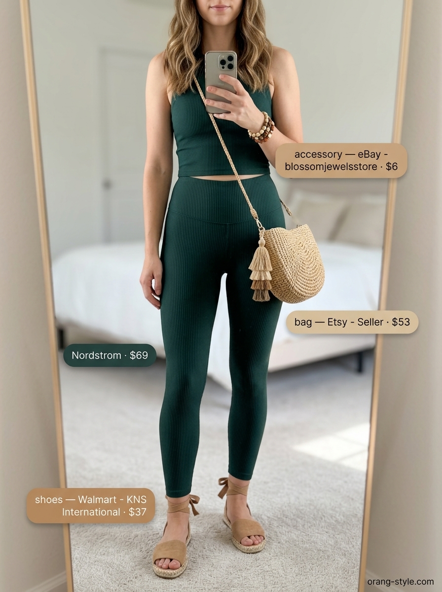 Legging with oversized tee outfits summer for women 2026: Bohemian market look with ribbed leggings and linen tee.