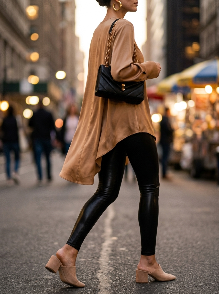 Legging with oversized tee outfits summer for women 2026: Chic evening look with faux leather leggings and silk tunic.