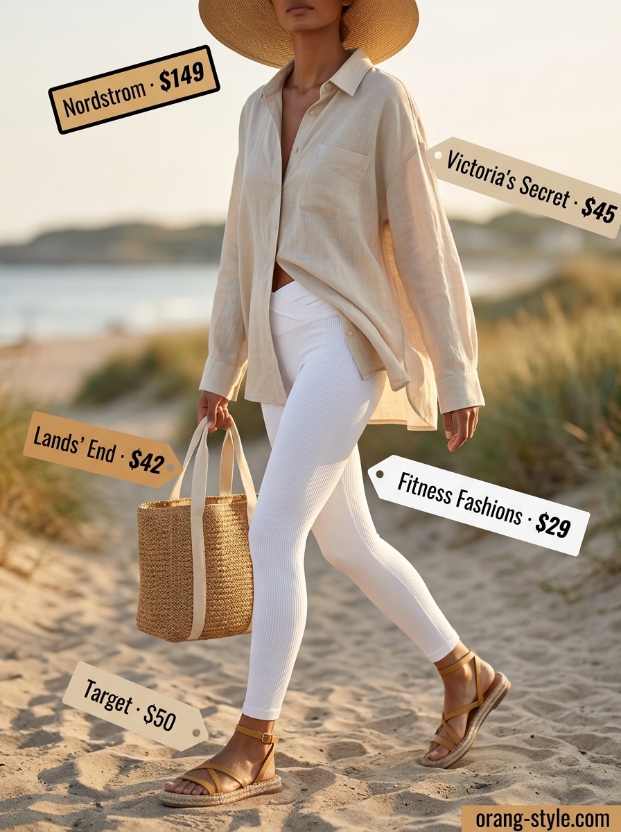 Legging with oversized tee outfits summer for women 2026: Coastal walk look with white leggings and beige linen shirt.