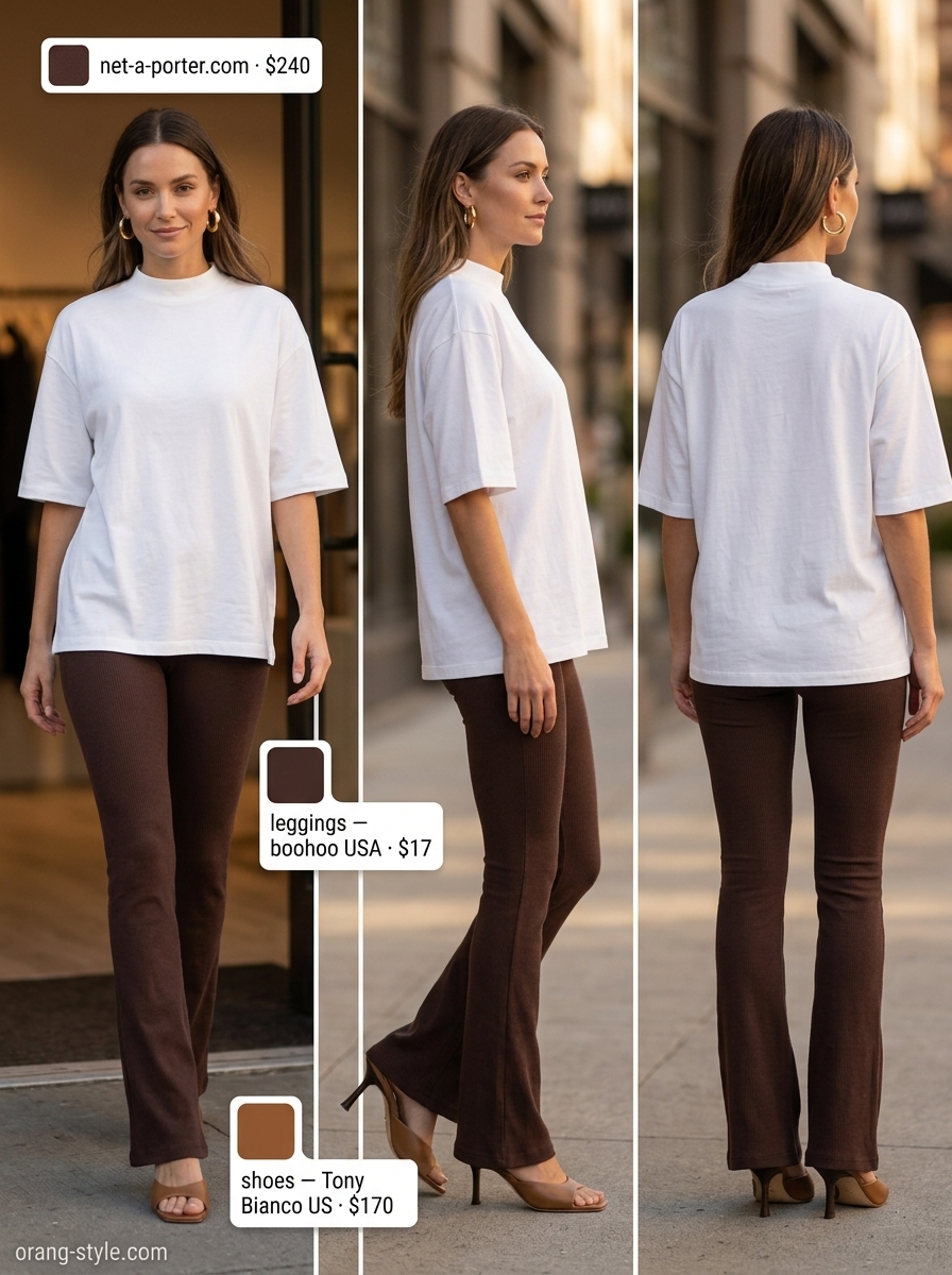 Legging with oversized tee outfits summer for women 2026: Chic dinner look with ribbed flare leggings and cream top.