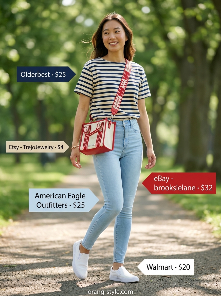 Legging with oversized tee outfits summer for women 2026: Nautical park picnic look with striped tee, denim leggings, and red bag.