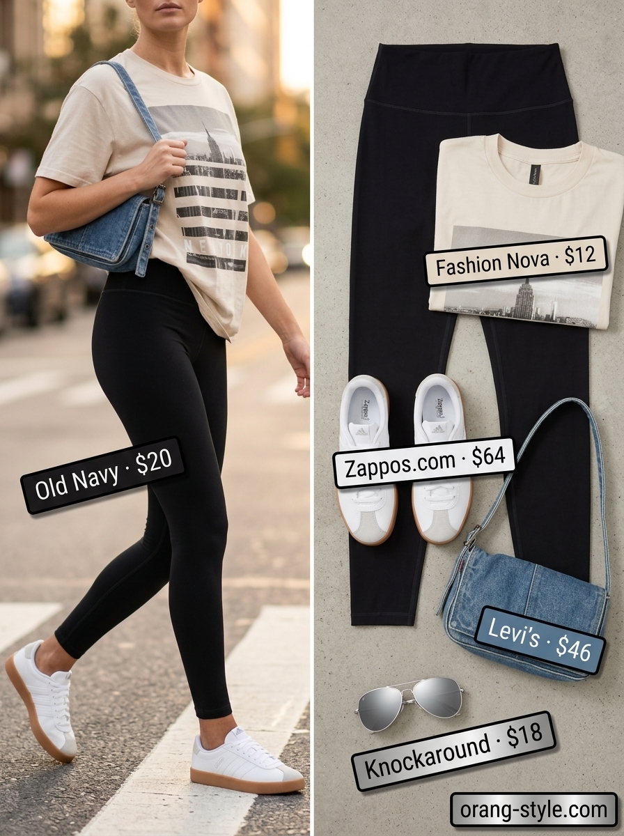 Legging with oversized tee outfits summer for women 2026: Urban edge look with graphic tee and black leggings.