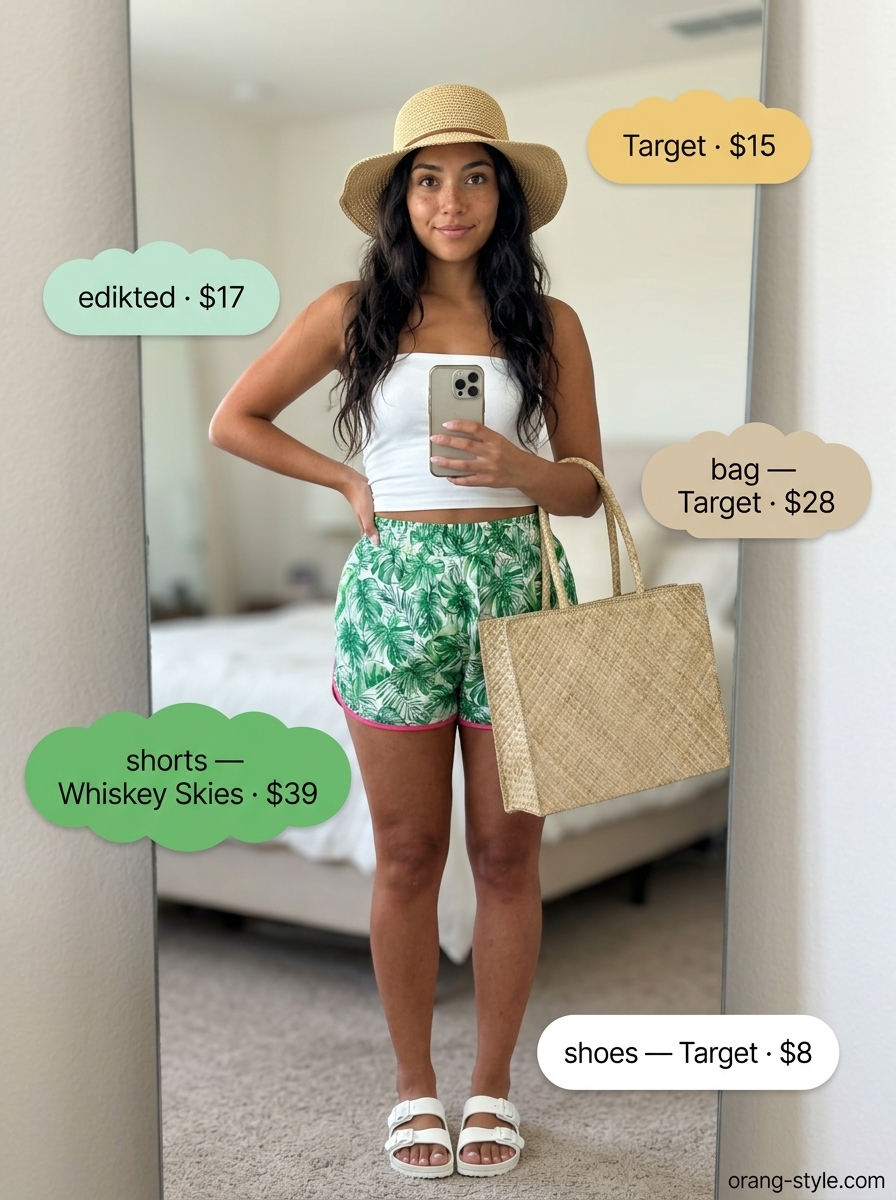 Tropical linen short outfits summer for women 2026: green print shorts, white bandeau, sheer kimono, straw accessories.