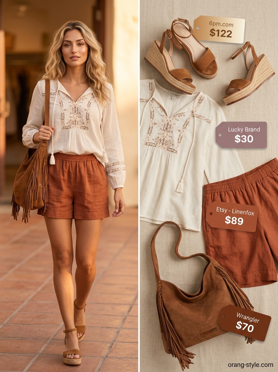 Rust linen shorts with an ivory peasant blouse for a bohemian summer festival. Linen short outfits summer for women 2026.