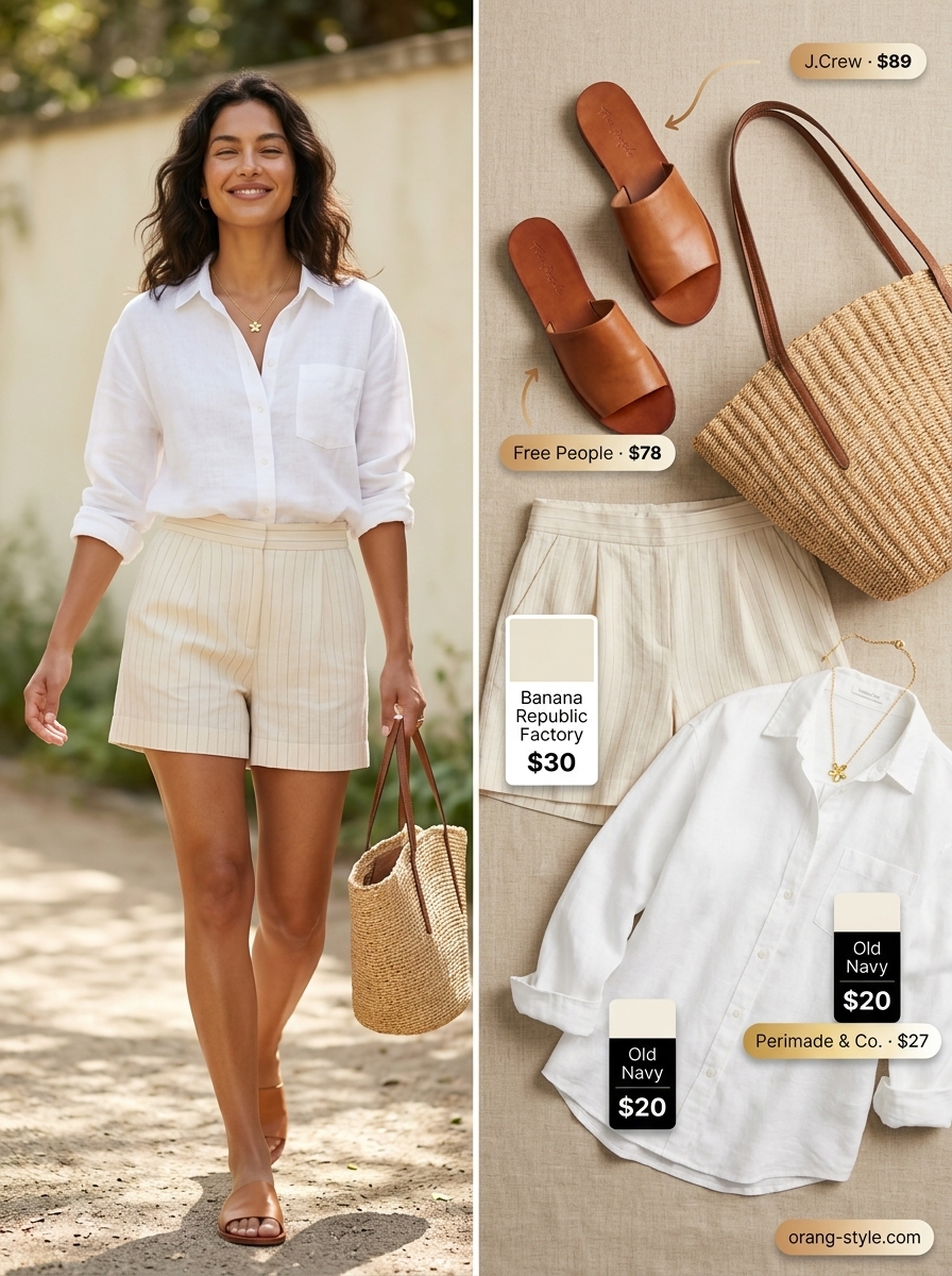 Cream linen shorts with an oversized white shirt for a coastal summer look. Linen short outfits summer for women 2026.