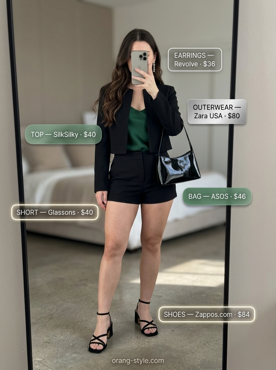 Glamorous linen short outfits summer for women 2026: black shorts, emerald camisole, black blazer, strappy heels.