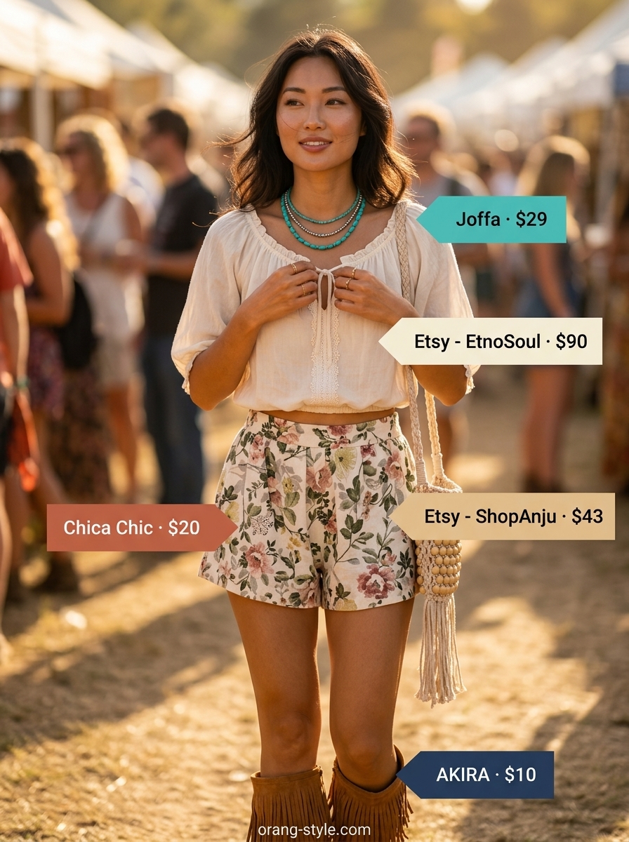 Boho linen short outfits summer for women 2026: cream embroidered shorts, off-shoulder blouse, fringe boots, macrame bag.