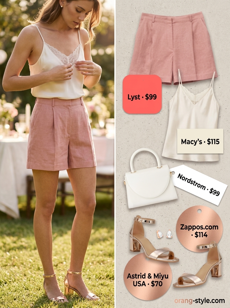 Romantic pastel pink linen shorts outfit for women summer 2026, perfect for garden parties & daytime dates.