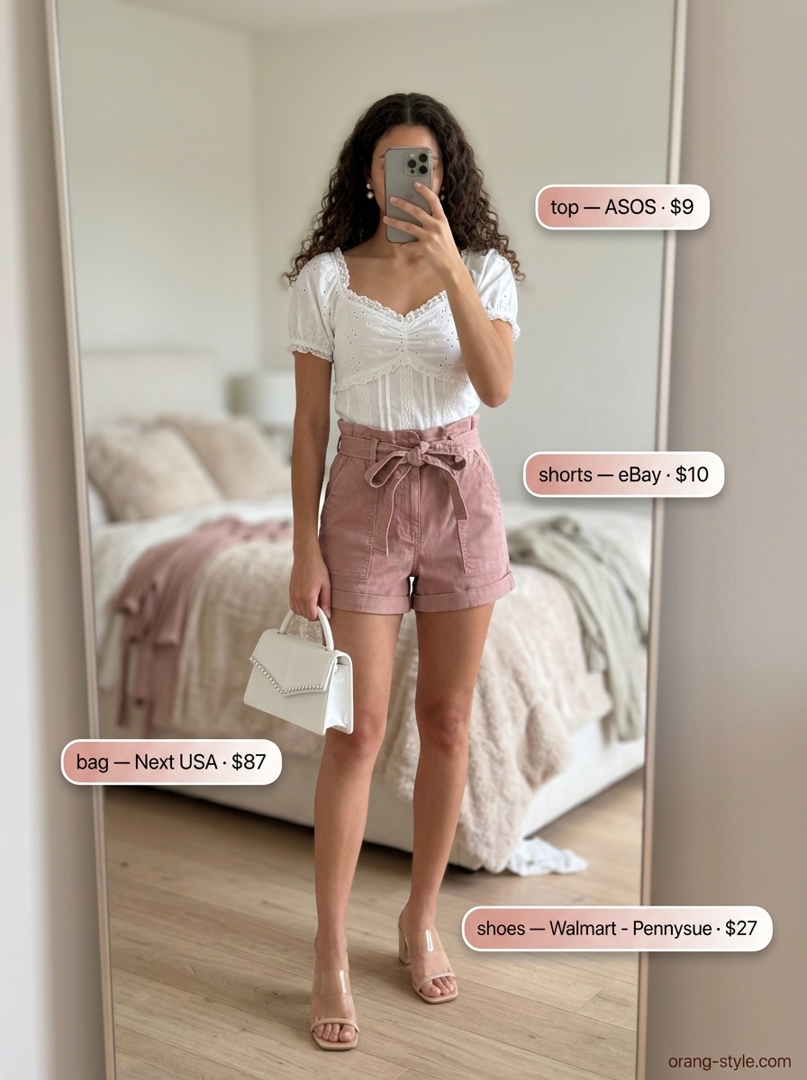 Blush pink linen shorts with an eyelet lace top for a garden party. Linen short outfits summer for women 2026.