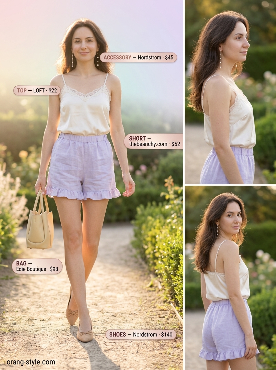 Dreamy lavender linen shorts outfit for women summer 2026, perfect for afternoon tea & garden parties. Romantic & soft.