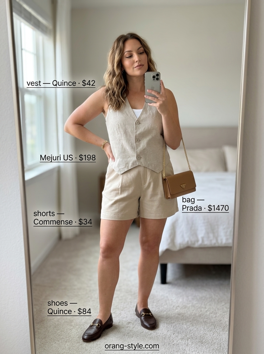 Elegant linen short outfits summer for women 2026: beige shorts, linen vest, crossbody bag, leather loafers.