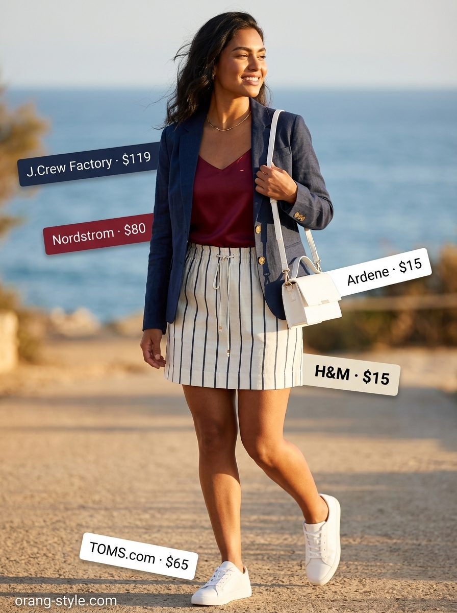 Nautical navy linen shorts outfit for women summer 2026, perfect for boat trips & casual lunches. Classic & preppy.