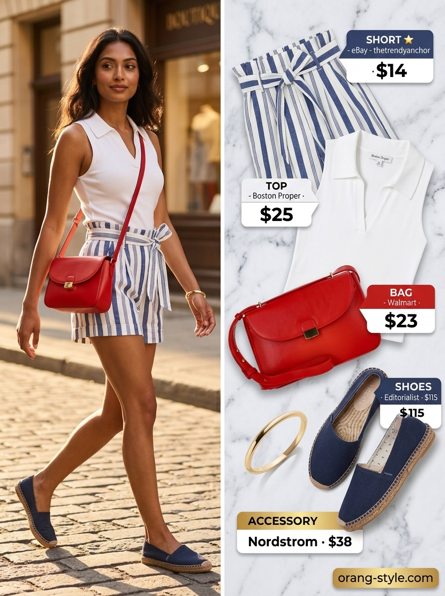 Preppy linen short outfits summer for women 2026: navy stripe shorts, white polo top, red crossbody bag, espadrilles.