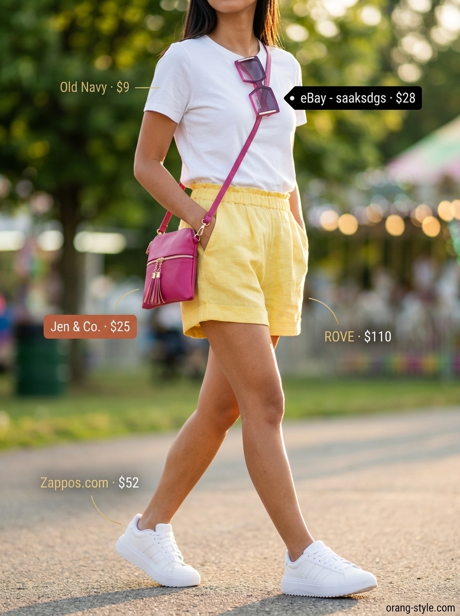 Playful lemon yellow linen shorts outfit for women summer 2026, great for fun outings & summer fairs. Energetic & youthful.