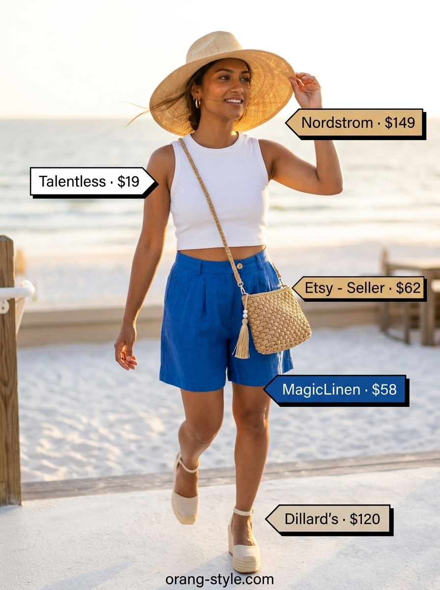 Vibrant cobalt blue linen shorts outfit for women summer 2026, perfect for resort wear & beach clubs. Includes straw hat & espadrilles.