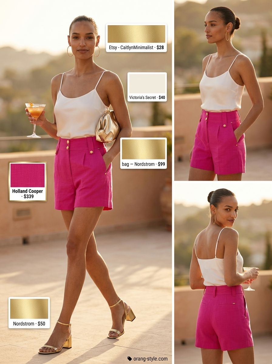 Fuchsia linen shorts & white satin cami for resort evening. Linen short outfits summer for women 2026.