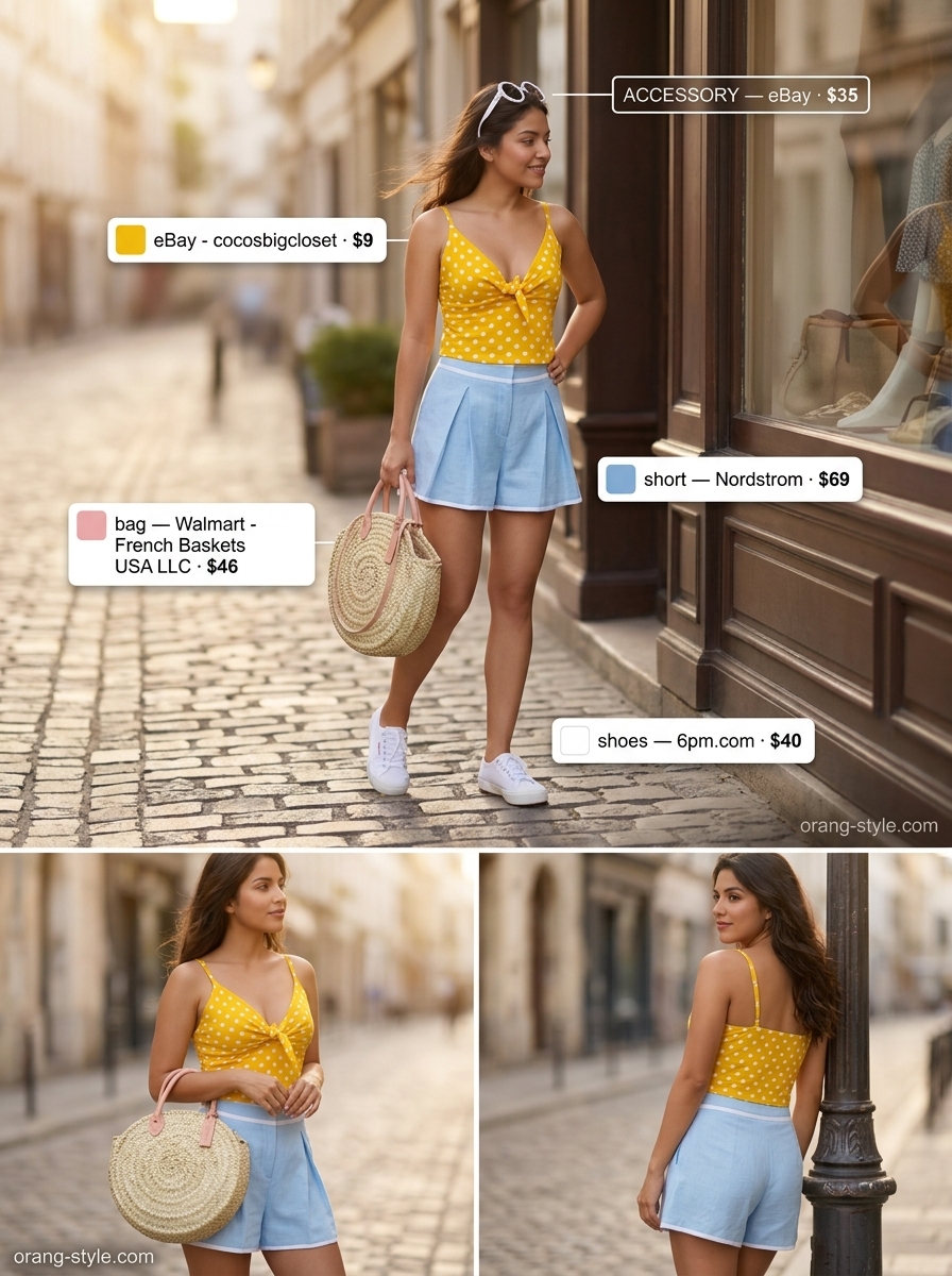 Sky blue linen shorts with yellow polka dot top for a retro summer picnic. Linen short outfits summer for women 2026.