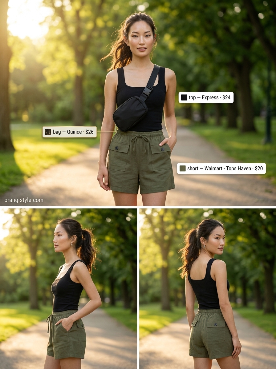 Khaki linen cargo shorts with a black tank for a safari chic look. Linen short outfits summer for women 2026.