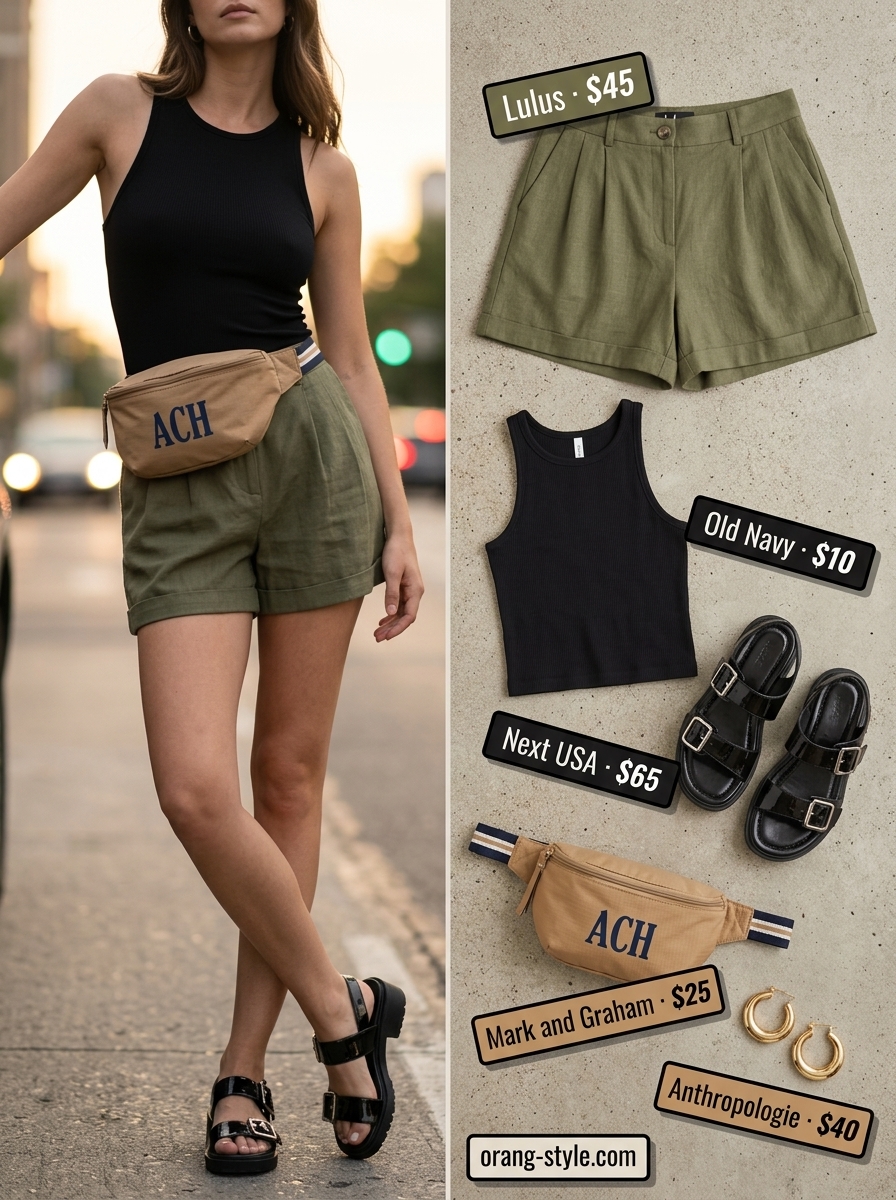 Urban olive green linen shorts outfit for women summer 2026, great for exploring & casual outings. Adventurous & chic.