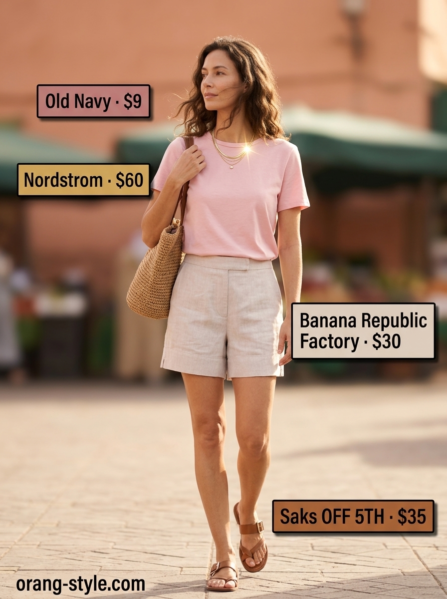 Effortless natural beige linen shorts outfit for women summer 2026, perfect for weekend errands & casual dates.