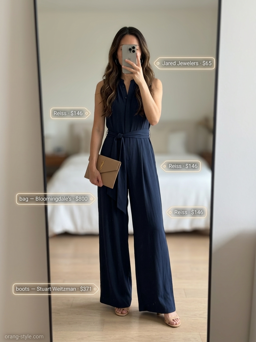 Long inseam tall women summer outfits 2026: Navy wide-leg jumpsuit, tan heels, clutch for summer dinner.