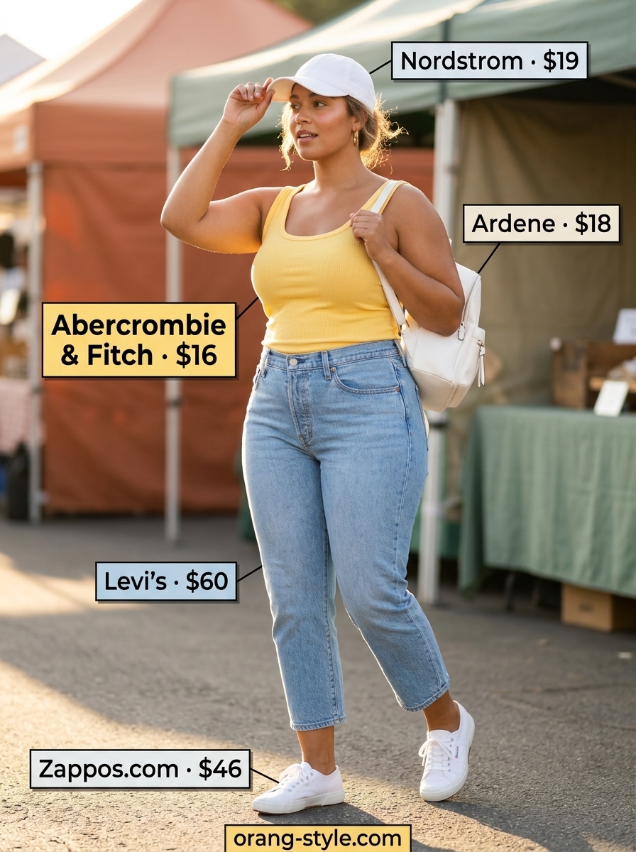 Midsize denim outfits summer for women 2026: Cropped straight-leg jeans with yellow tank, white cap, and sneakers for sunny adventures.