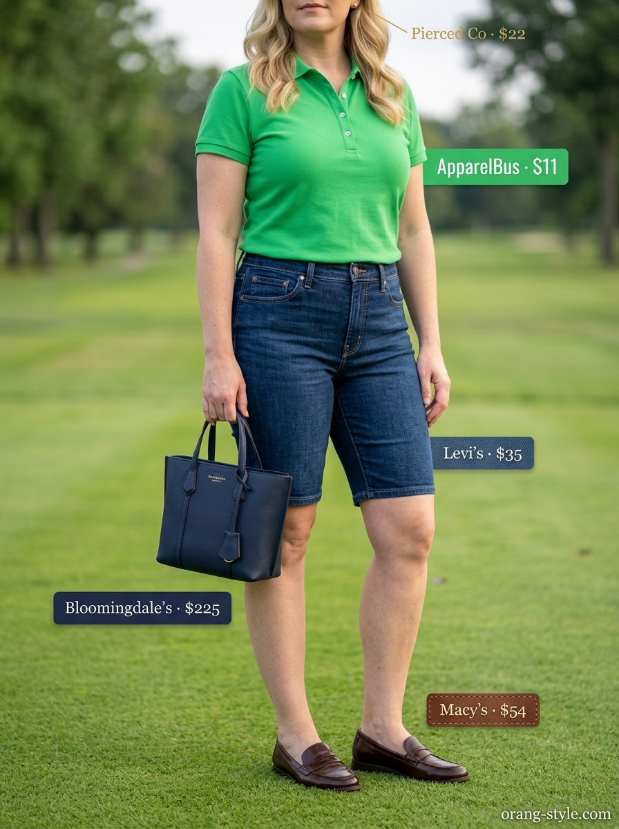 Midsize denim outfits summer for women 2026: Tailored Bermuda shorts in dark wash denim with a green polo and white loafers for country club casual.