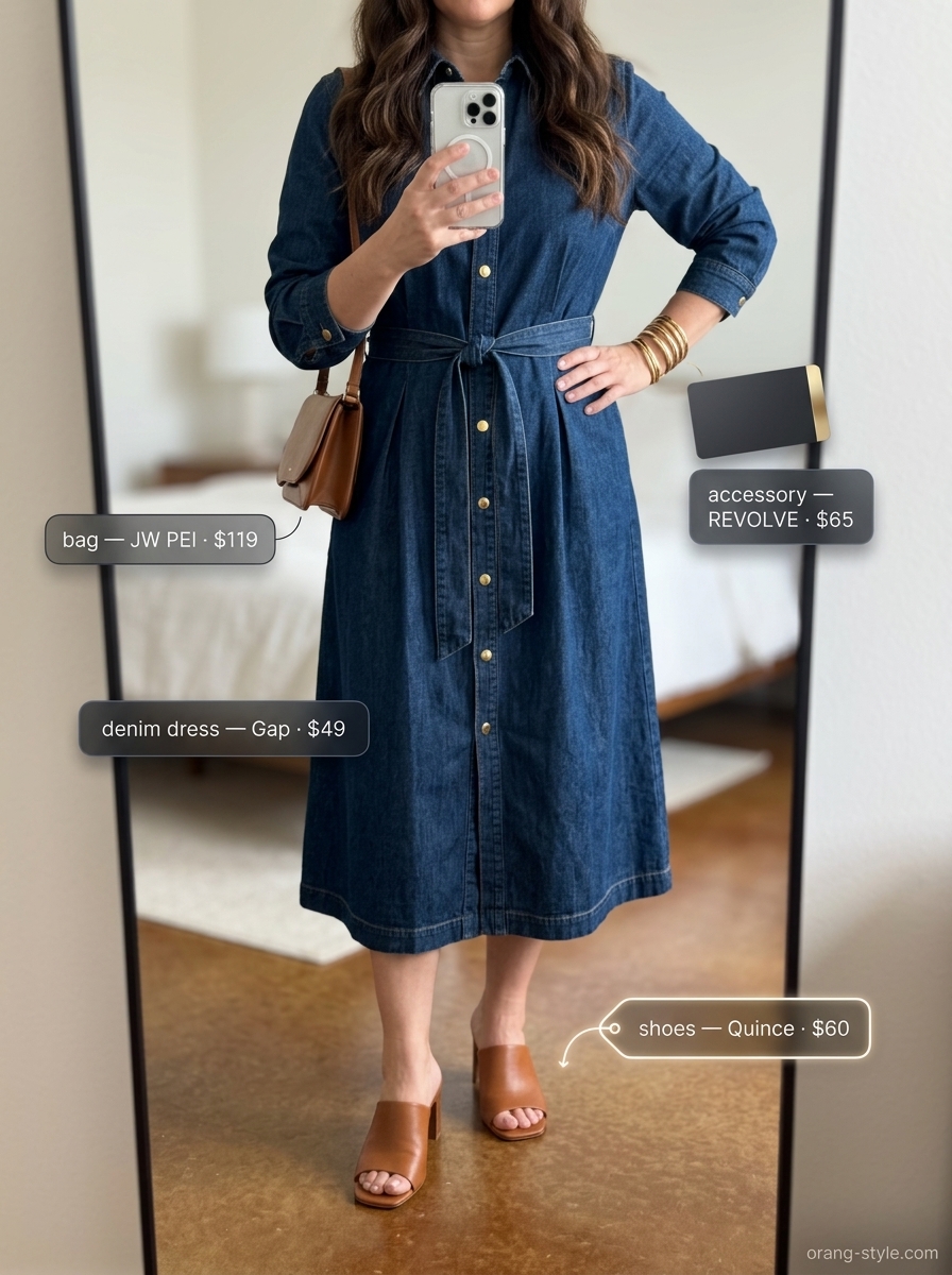 Midsize denim outfits summer for women 2026: Dark wash denim midi shirtdress with cognac mules and white tote for a sophisticated city look.