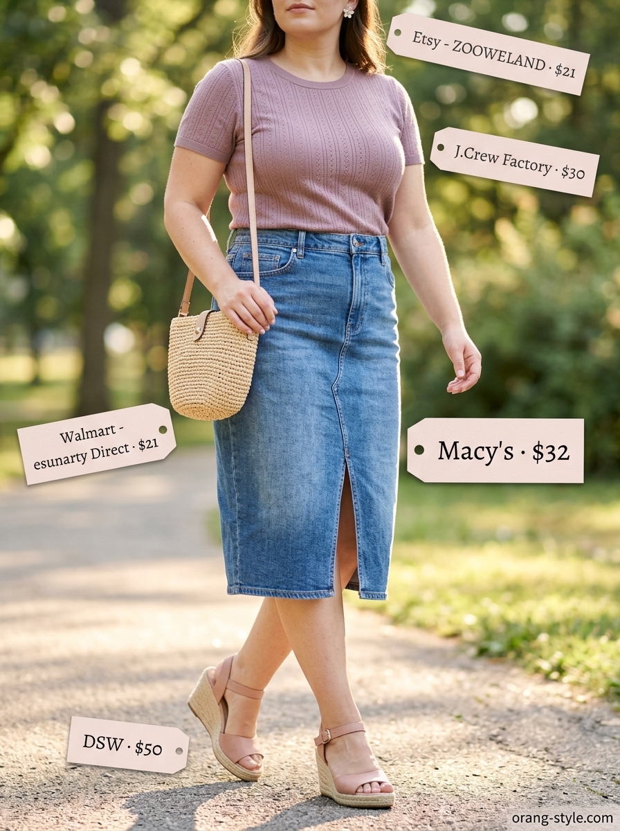 Midsize denim outfits summer for women 2026: Light blue A-line midi skirt with blush pink knit top and espadrilles for a sweet summer look.