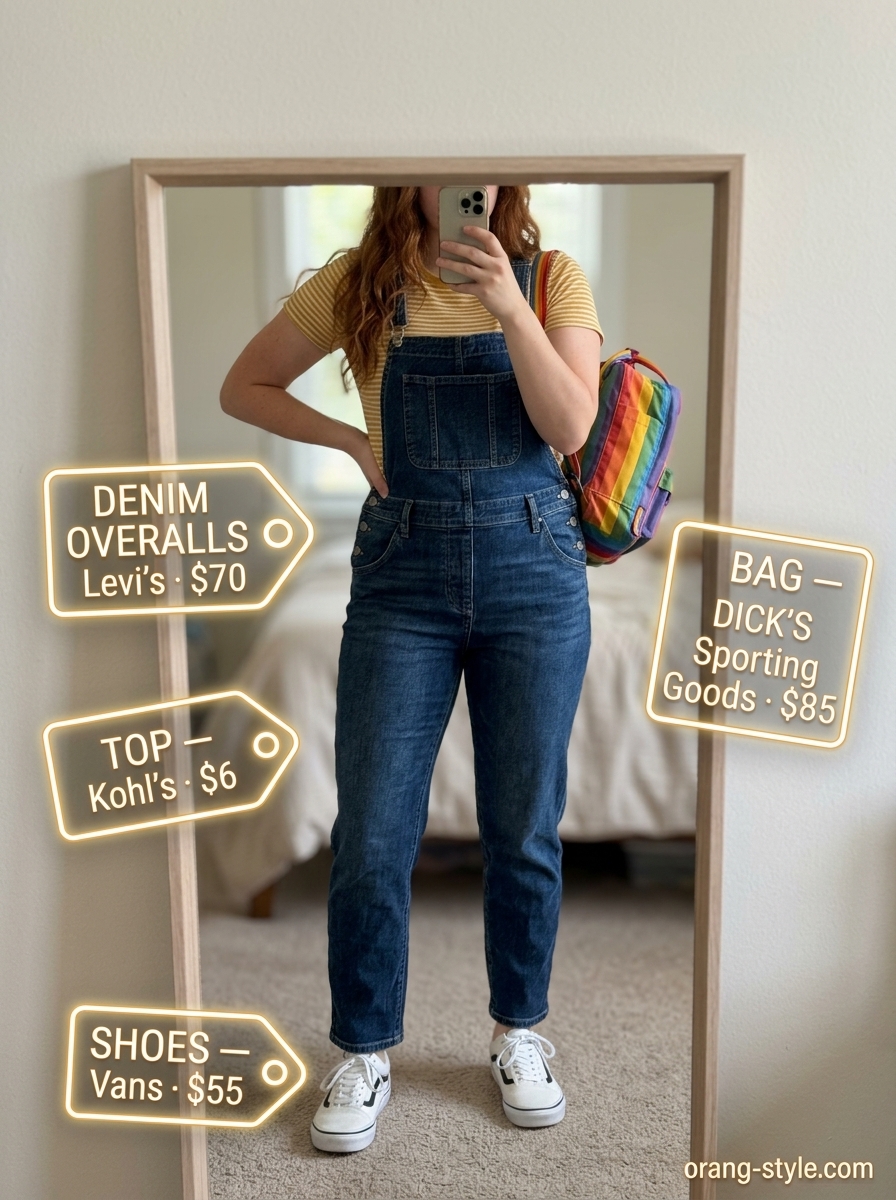 Midsize denim outfits summer for women 2026: Classic blue denim overalls with striped tee and white sneakers for a playful picnic look.