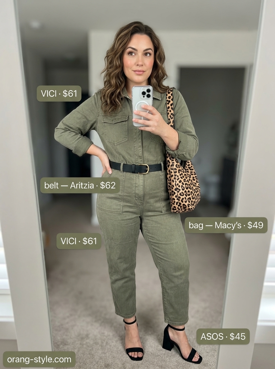 Midsize denim outfits summer for women 2026: Khaki utility jumpsuit with black sandals, animal print bag, and gold earrings for bold style.
